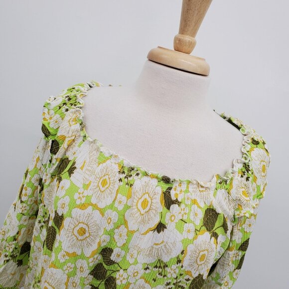 Boho Floral Crinkle Blouse Ruffle Neck Lime Green Top L Cottagecore Peasant - Picture 7 of 16